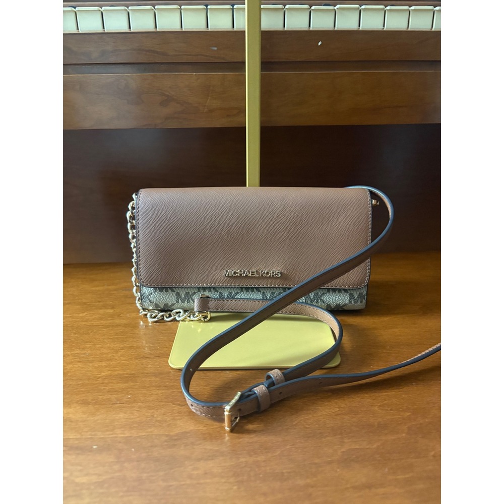 Michael Kors Logo Wallet on‎ Chain Crossbody Saffiano & MK Canvas